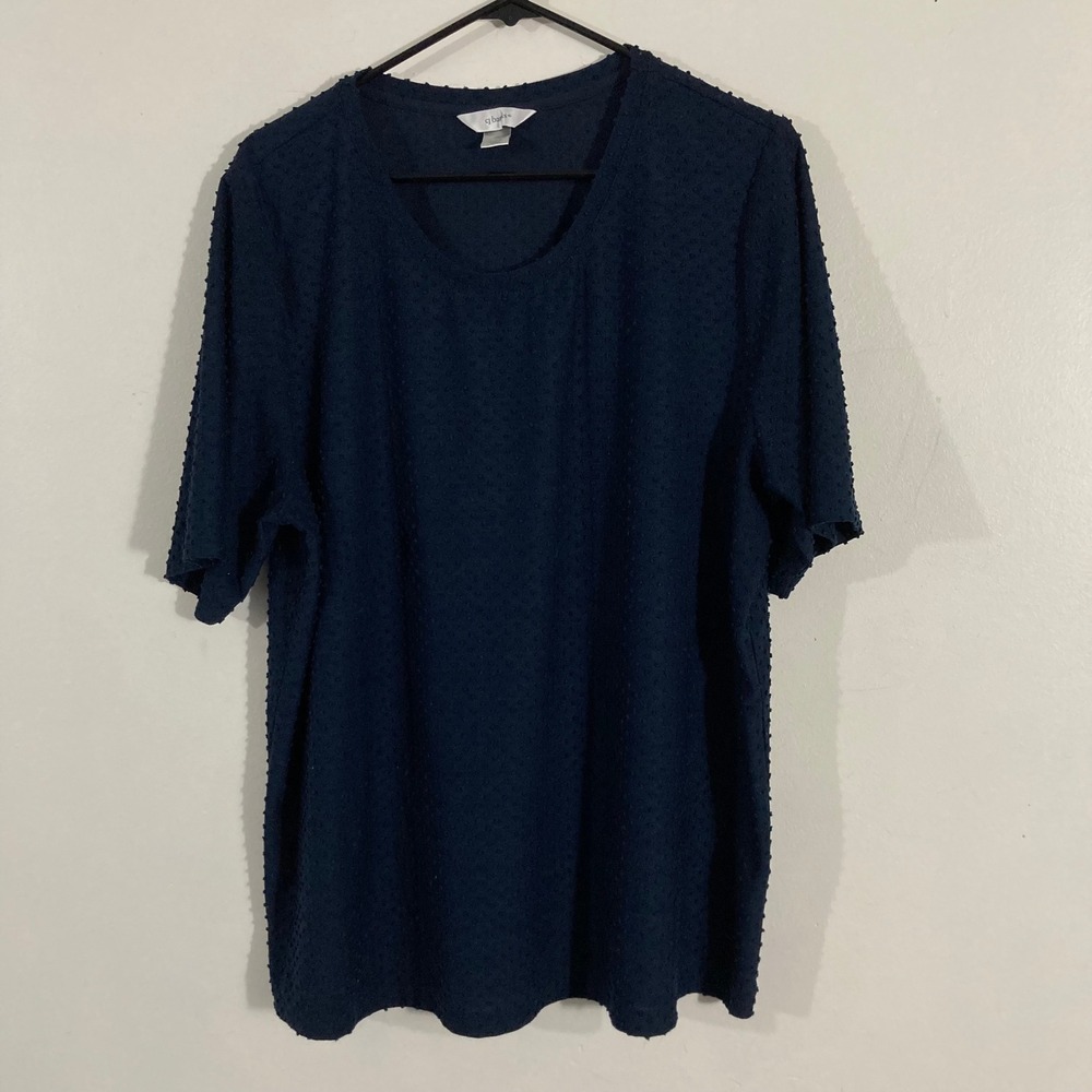 CJ Banks Textured Knit Top Womens 2X Navy Blue Clipped Dot Short Sleeve
